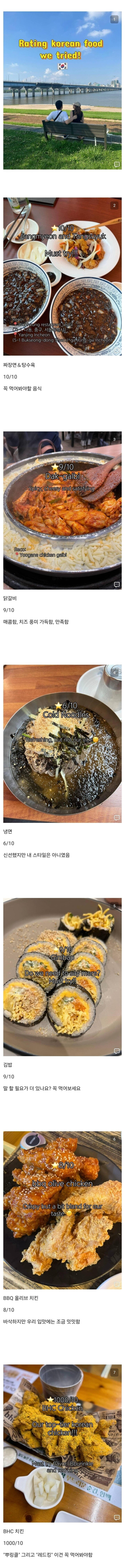 외국인의 한국 음식 점수 리뷰