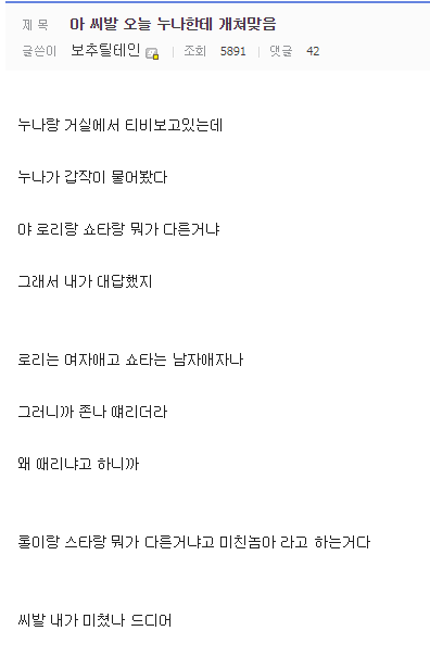 누나한테 개쳐맞은 이유
