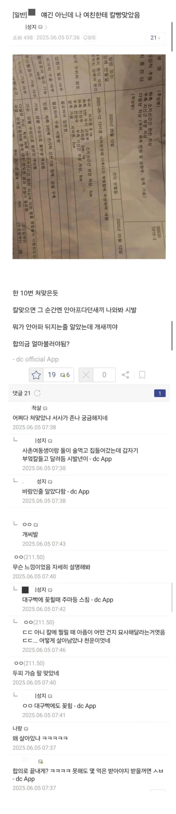 여친한테 칼침맞은 남자