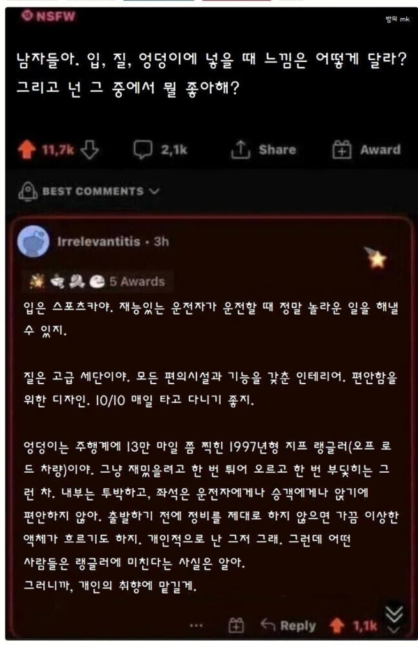 남자가 말하는 각 구멍들의 느낌 비유