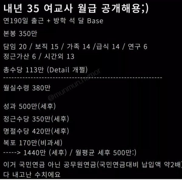 내년 35살 여교사의 월급공개