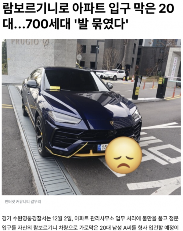 람보르기니로 아파트 입구 막은 20대