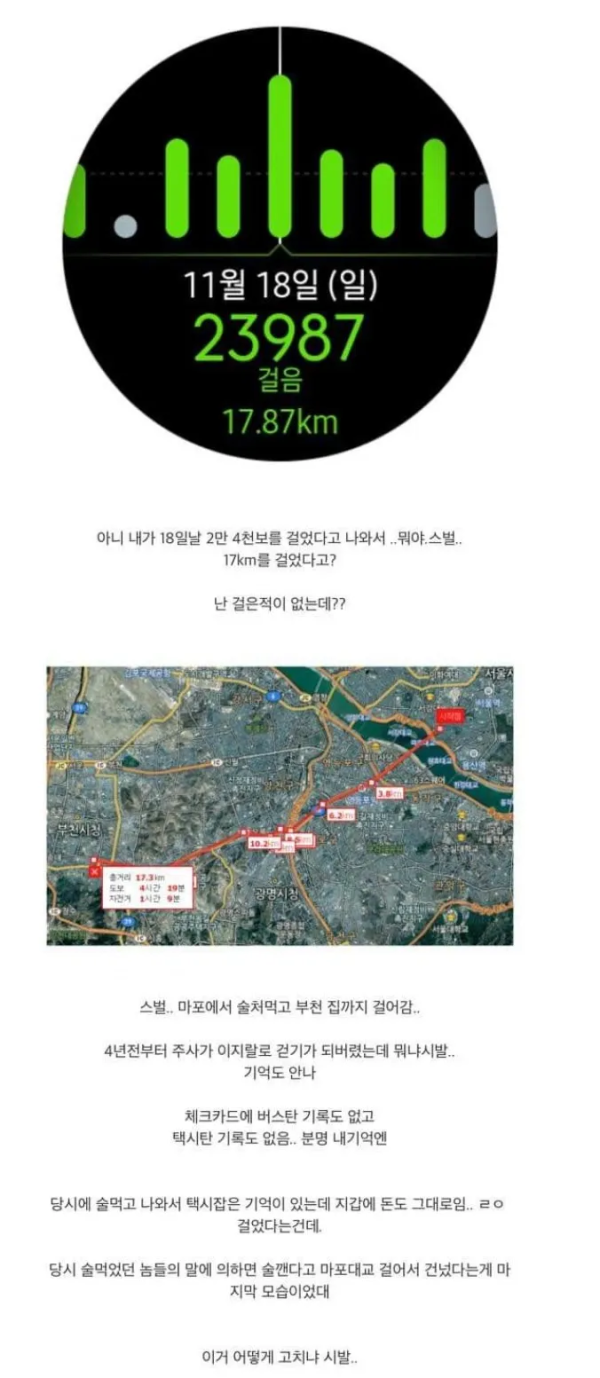 술먹고 17km 걸은 남자