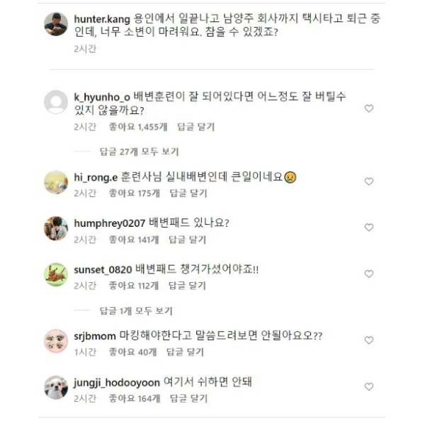 소변 마렵다는 강형욱 인스타에 달린 댓글