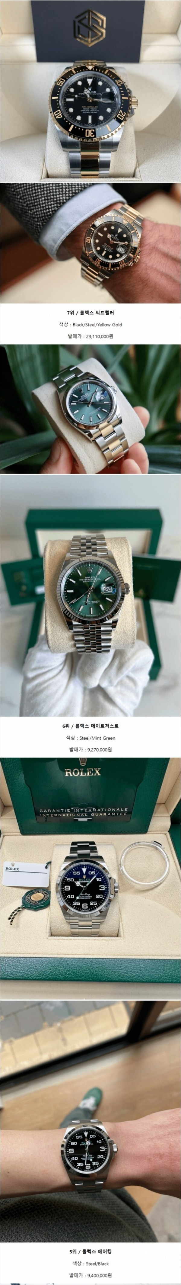 롤렉스 시계 인기 순위